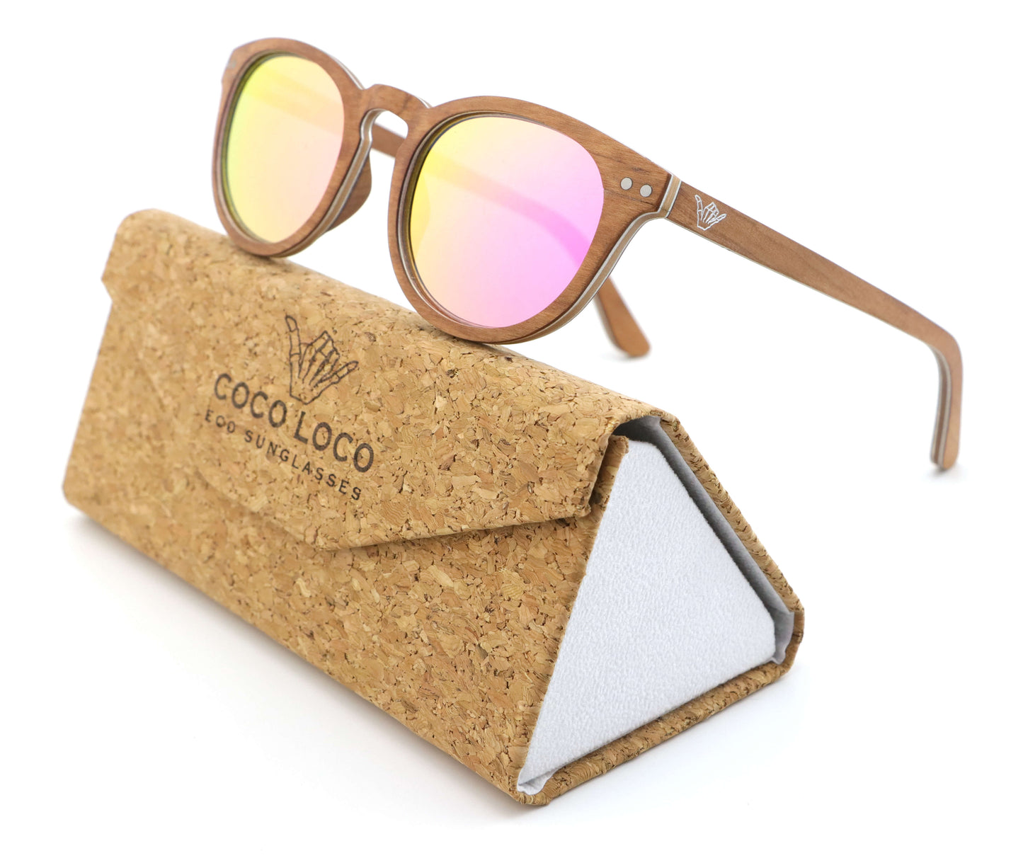 Fortuna Pink Coco Loco wooden eco sunglasses with cork case