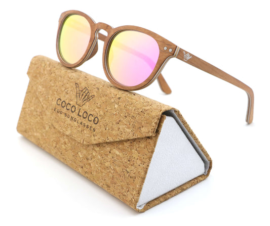 Fortuna Pink Coco Loco wooden eco sunglasses with cork case