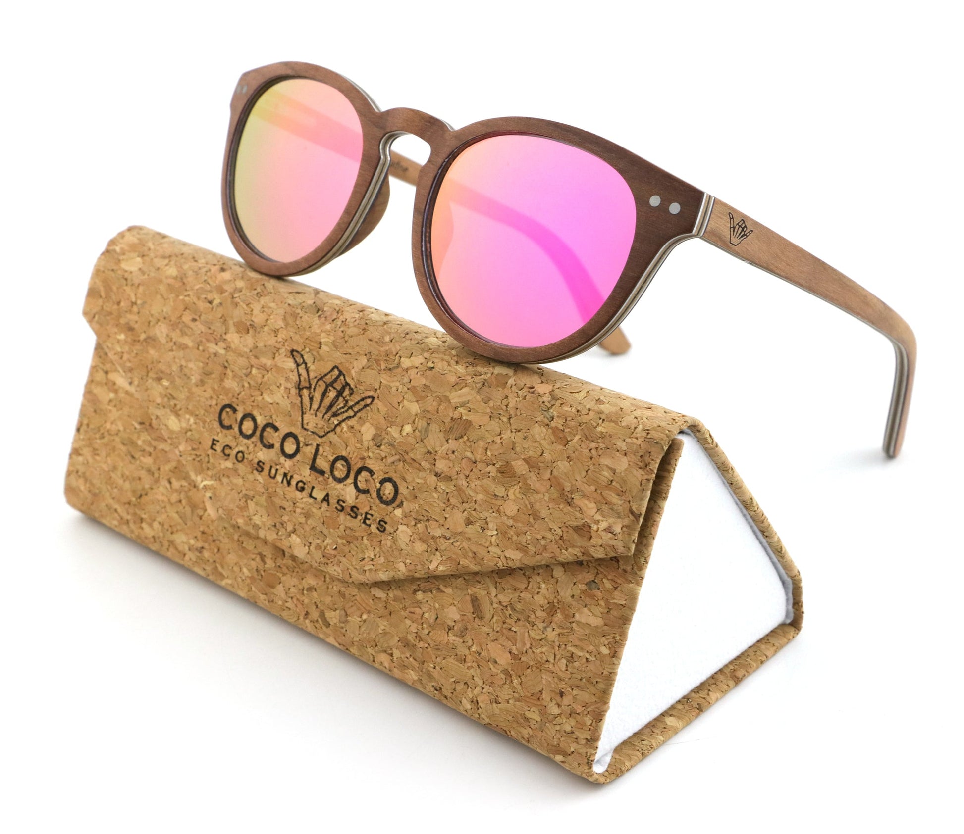 Fortuna Pink Coco Loco wooden eco sunglasses with cork case